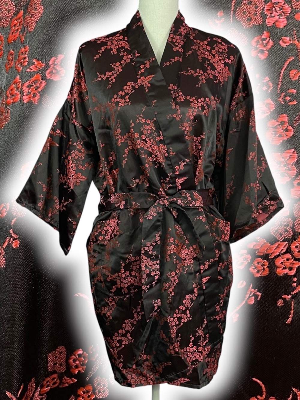 Cherry Blossom Satin Robe L Burgundy Red Black Waist Tie Pockets Floral Oriental